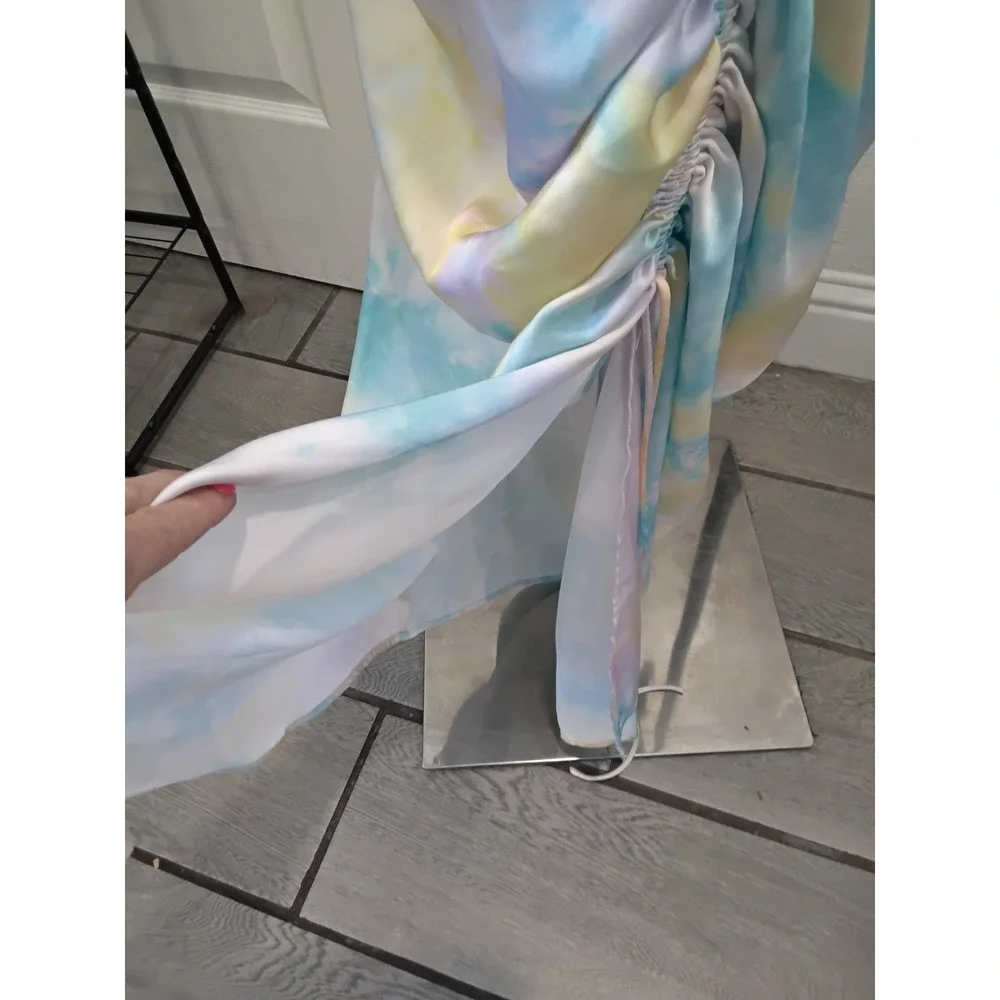 Zara Pastel Tie Dye Satin Halter Cowl Neck Ruched Midi Dress XL Blue Pink Yellow - Picture 4 of 7